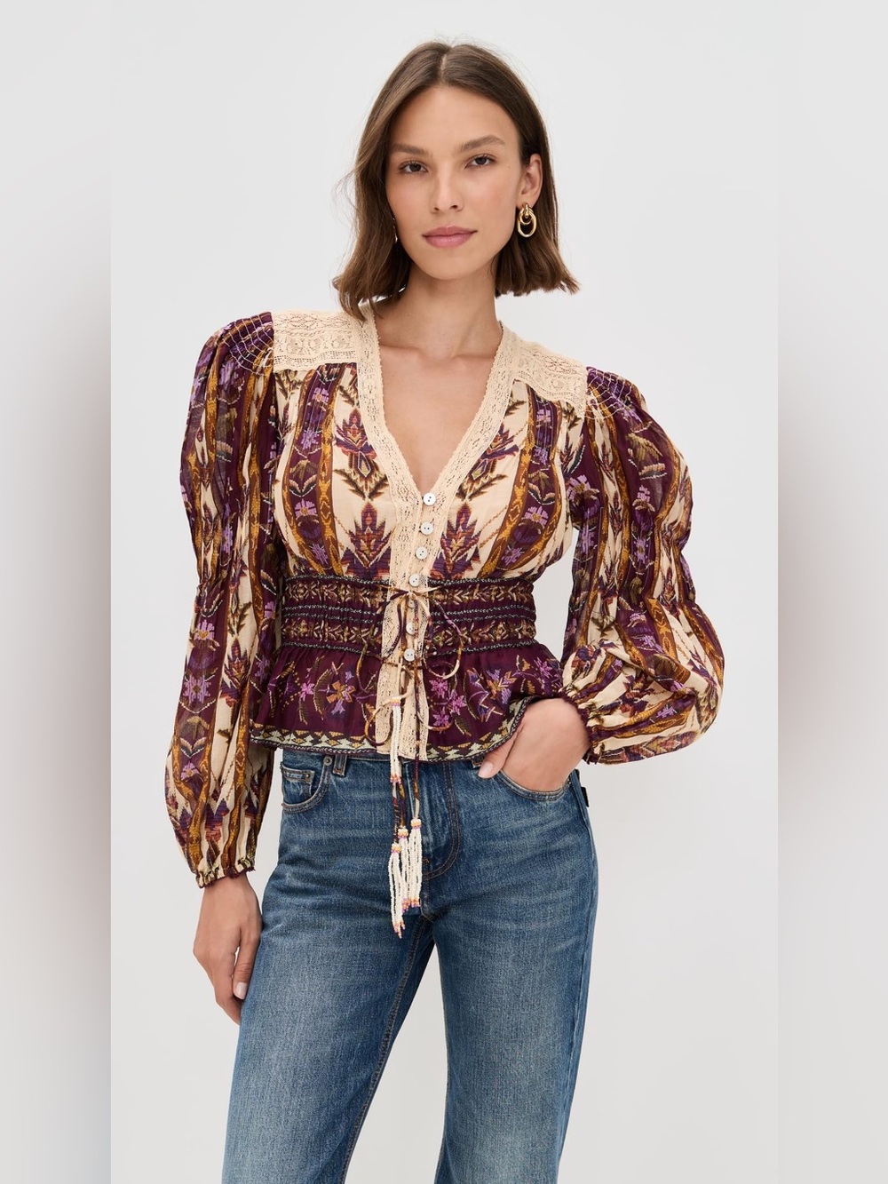 FARM Rio Women's Embroidered Tapestry Sand Long Sleeve Blouse, size M